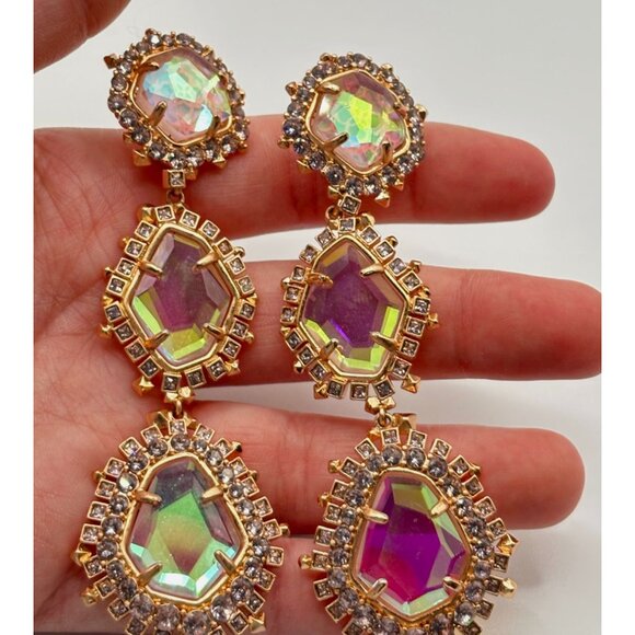 Kendra Scott Crystal Iridescent Gold Triple Drop Clip On Earrings - Picture 4 of 8